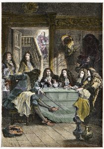 En salong (Cabaret) som sammanför de franska författarna Jean de La Fontaine (1621-1695), Nicolas Boileau-Despreaux (Boileau Despreaux) (1636-1711), dramatikern Jean Baptiste Poquelin dit Moliere (1622-1673) och poeten Jean Racine ( 1639-1699) - Fontänen,  av French School