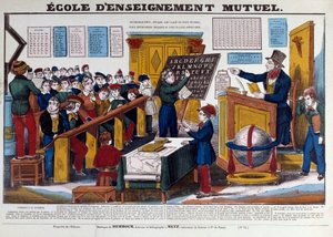 En skola för ömsesidig utbildning som infördes i Frankrike omkring 1815. Gravyr från 1800-talet Paris, Musee Carnavalet av French School