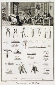 En sko- och stövelmakare och deras verktyg, från Encyclopedie des Sciences et Metiers av Denis Diderot (1713-84) publicerad ca 1770 av French School