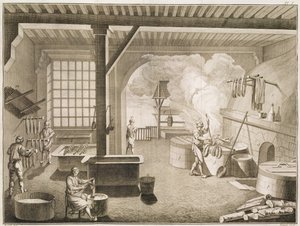 En verkstad för silkesfärgare, från Encyclopedie des Sciences et Metiers av Denis Diderot (1713-84) publicerad ca 1770 av French School