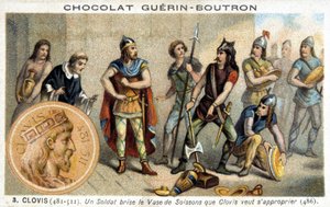 En soldat slår sönder Soissons-vasen som Clovis vill äga, 486 av French School