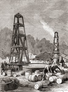En petroleumkälla vid Oil Creek på Allegheny River, Pennsylvania, U.S.A. 1858, upptäckt av Edwin Laurentine Drake, alias överste Drake, från 