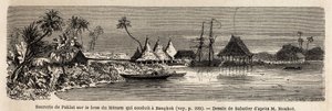 En sockerfabrik i Paklat, vid armen av Menam, Thailands huvudflod, ritad av Sabatier, för att illustrera Henri Mouhots resa till kungadömena Siam, Kambodja och Laos från 1858 till 1861. Gravyr i "" Le tour du monde" ”, redigerad av Edouard Charto av French School