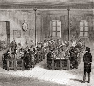 En telegrafstation i Paris, Frankrike c.1870, från Les Merveilles de la Science, publicerad c.1870 (engaving) av French School