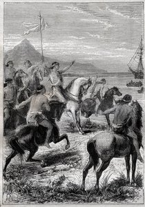 En trupp män till häst bar en vit flagga: viceamiral John Byron (1723-1786) mottagen av infödingarna i Cape des Virgins, vid den östra mynningen av Magellans Detroit 1764 - illustration från "The Great Mariners of the 18th century ”” av French School