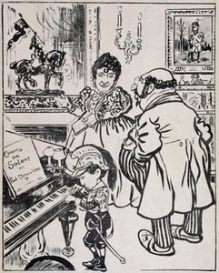 En begagnad brons, karikatyr med slagskepp, noter för Deroulede på piano och statyett av Jeanne d