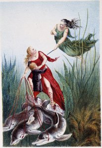 En kvinna attackerar en annan kvinna och en pojke ledda av delfiner - i "" Resan till havets botten"" av H. de la Blanchère. Paris, red. Jouvet et Cie, sd. 1880. (dubbel 02947 och 02952) av French School