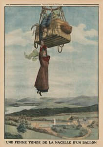 En kvinna som faller ner från en ballongs gondol, illustration på baksidan från 