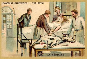 En kvinna som får en blodtransfusion från en get (chromolitho) av French School