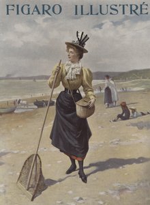En kvinna som går längs en strand med fiskeutrustning
