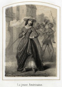 En ung amerikansk kvinna orsakar slagsmål mellan sina pretendanter. Anonym gravyr från 1800-talet av French School