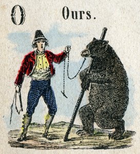 Abecedary. Bokstaven O som en björnklocka. Litet encyklopediskt alfabet, populär serie. Epinal avbildning, sent 1800-tal av French School