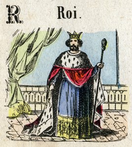 Abecedary. Bokstaven R som kung. Litet encyklopediskt alfabet, populär serie. Epinal avbildning, sent 1800-tal av French School