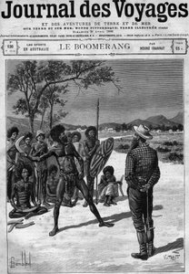 Aboriginer i Australien använder en bumerang, sent 1800-tal. Gravyr i "" Journal des Voyages"" den 30 april av French School