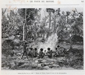 Aboriginer under överinseende av en bosättare, runt elden - i "Tour du Monde"" av French School