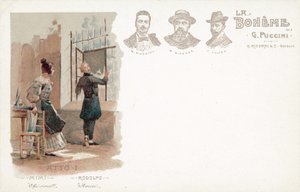Akt ett, La Boheme (färg litho) av French School