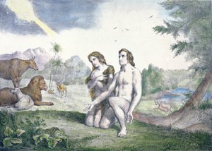 Adam och Eva i Edens lustgård, sent 1800-tal (färgstick) av French School