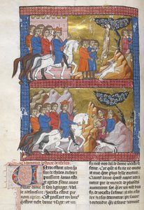 Lägg till. 15268, f.75v Oidipus, funnen av Polybus, kung av Korinth, illustration från 