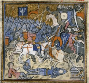 Lägg till. 15269, f.124v Crusaders fighting saracens, illustration från 