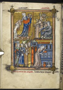 Lägg till. 54180, f. 136v, Miniatyr med änglar i pilgrimsklänning, från 