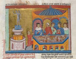 Lägg till. MS 15268, fol. 242v Janus tempel med senatorer som äter i förgrunden, från "Ancient History to Caesar" (vellum) av French School