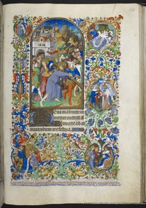 Lägg till Ms 18850 f.235r, Hours of the Passion [Sext], Kristus bär korset, från Book of Hours (The Bedford Hours) c.1410-30 (bläck, färg & guld på veläng) av French School