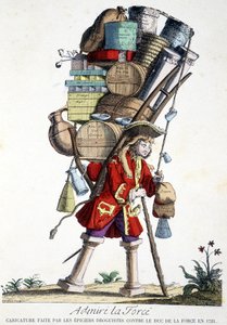 Beundra kraft. Tecknad film gjord av drogister mot Duke of Force 1721. av French School
