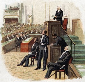 Adolphe Thiers (1797-1877), republikens president vid nationalförsamlingens podium 1872 - Chromolithography (Chromo) från början av 1900-talet. av French School