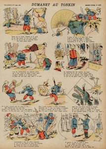 Äventyr av Dumanet, en fransk soldat, i Tonkin (färgad gravyr) av French School