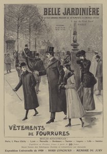 Reklam för pälsplagg från Belle Jardiniere, Paris (litho) av French School