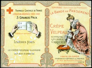 Reklamkort för "" Velpeau Crepe Dressing Band tar bort åderbråck"". Sd. 1800-talet. av French School