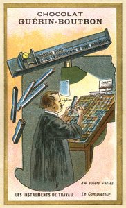 Reklamkromolitografi av choklad Guerin Boutron, arbetsinstrument, 84 olika ämnen, kompostern