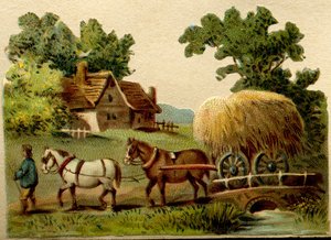 Reklamkromoscher, skurna i storlek enligt konturerna på de avbildade teckningarna som var mycket moderna i början av 1900-talet och avsedda att klippas ut och klistras in i album, Landsbygdsscen, tidigt 1900-tal (kromolitografi) av French School