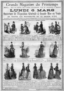 Reklam för öppnandet av den allmänna utställningen och försäljning av sommarsäsongens nykomlingar (sommarkollektion) på Printemps varuhus i Paris. Gravyr i "" L
