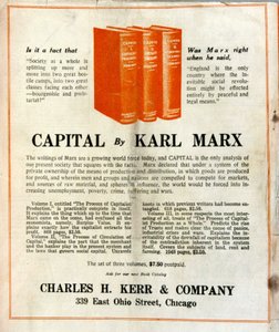 Annonsering för försäljning av Karl Marx bok "Le Capital" i en amerikansk tidskrift av French School