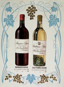 Reklam för försäljning av vin Margaux-Bijon (Margaux Bijon) och Sauternes-Bijon (Sauternes Bijon), 25 frs av de 12 flaskorna, 50 frs den 25 av French School