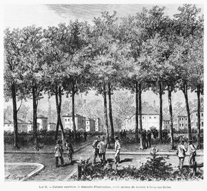 Annons föreställande en arbetarkoloni, illustration från Le Monde Illustre, 1876 av French School