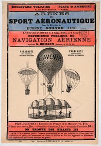 Aeronautics Exhibition kommer att hållas i Paris 1885 under ledning av Eugene Godard, pb. 1885 (färglitografi) av French School