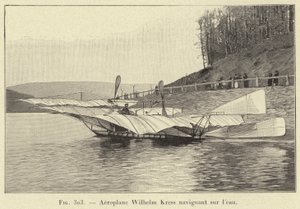 Flygplan Wilhelm Kress seglar på vatten (gravyr) av French School