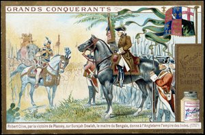 Efter Plasseys seger över Surajah Dowlah (Suraj Ud-daula eller Ud Daula Ud Daulah eller Ud-Daulah) gav Bengalens mästare England Indiens imperium 1757. 1800-talets liebig kromolitografi. av French School