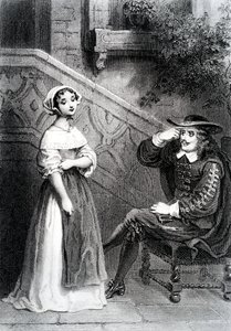 Agnes med sin vårdnadshavare Arnolphe, från The School for Wives, av Moliere av French School