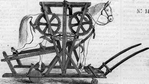 Jordbruksmaskin: en upphängningsanordning (eller bärbart arbete) som används för att immobilisera hästar eller boskap innan de behandlas. Maskin presenterad vid lantbrukstävlingen i Paris 1860. Gravyr i "" Le Monde Illustré"" nr 172 den 28 juli 1860. av French School