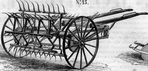 Jordbruksmaskin: en engelsk dubbelverkande luftvändare som presenterades vid lantbrukstävlingen i Paris 1860. Gravyr i "" Le Monde Illustré"" nr 172 den 28 juli 1860. av French School