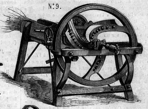 Jordbruksmaskin: en engelsk halmyxa som presenterades vid lantbrukstävlingen i Paris 1860. Gravyr i "" Le Monde Illustré"" nr 169 den 7 juli 1860. av French School