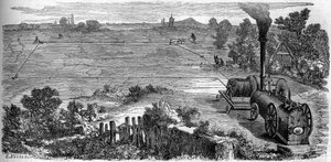 Jordbruk: bönder som använder en ångmaskin för sin odling. Gravyr i "" Le Monde Illustré"" nr 131 av 15 oktober 1859. av French School