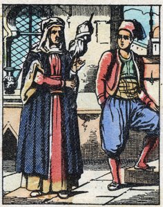 Aladin och hans mamma lever från sitt arbete. Gravyr av berättelsen om Tusen och en natt "" Aladin och den underbara lampan"". Epinal avbildning, sent 1800-tal. Privat samling. av French School