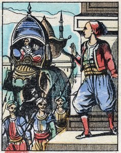 Aladin blir kär i sultanens dotter. Gravyr av berättelsen om Tusen och en natt "" Aladin och den underbara lampan"". Epinal avbildning, sent 1800-tal. Privat samling. av French School