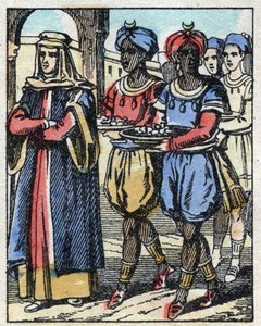Aladin skickade igen sin mor eskorterad av slavar som bar gåvor för att fria till sultanens dotter. Gravyr av berättelsen om Tusen och en natt "" Aladin och den underbara lampan"". Epinal avbildning, sent 1800-tal. Privat samling. av French School