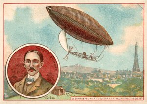 Alberto Santos-Dumonts luftskepp som flyger runt Eiffeltornet, Paris av French School