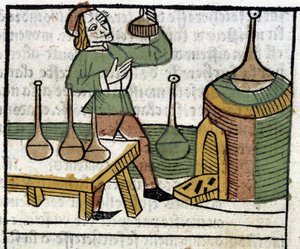 Alchemist - i "The Owners of Things Both Corporeal and Spiritual" (bok XVIII) av Glanville, Lyon av French School